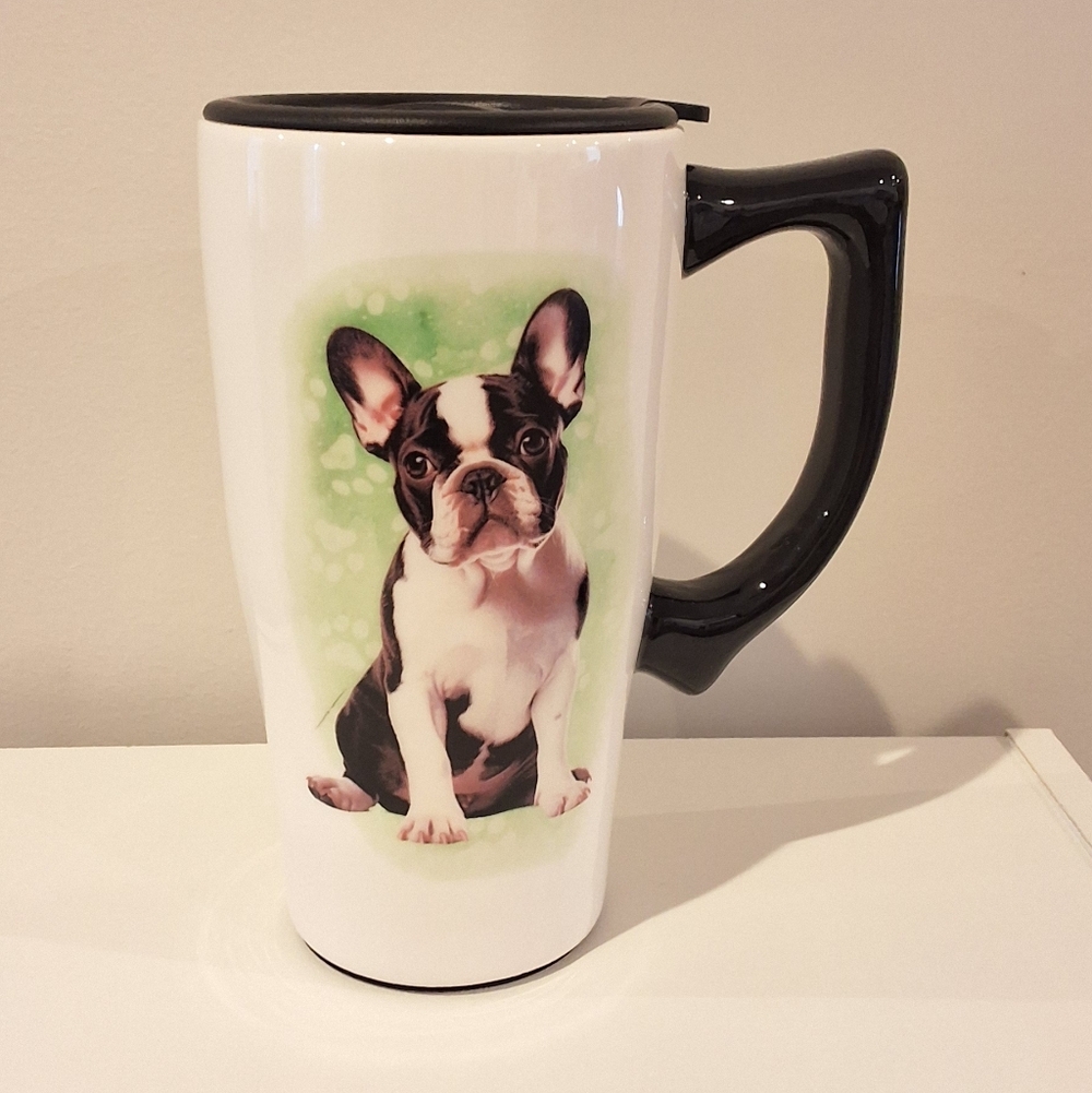 French Bulldog Ceramic Travel Mug With Lid And Handle, 18 Oz, New With Tag & Box